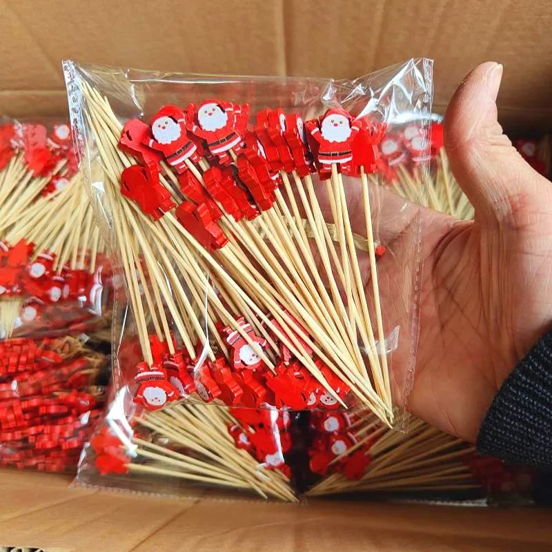 50pcs Christmas Bamboo Skewer Cocktail Picks Cupcake Topper Disposable Food Dessert Toothpicks Fruit Sticks Party Supplies