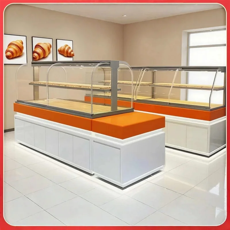 custom.Customizable Glass Wood Bread Display Stand with LED Lighting Varnished Heavy Duty Metal Frame Supermarket Ret