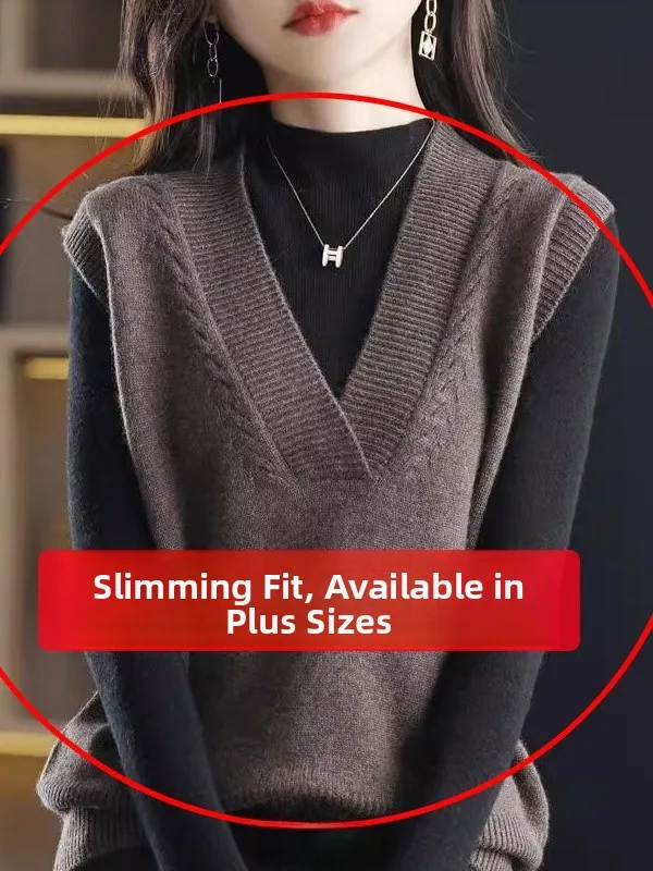 

Loose V-Neck Knitted Vest Women's Inner Wear Fleece Lined Autumn Winter Top plus Size Fashion Commute Style Anti-Pilling