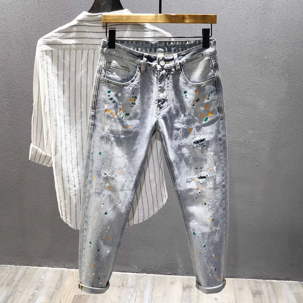 Autumn New Fashion  Men's Scratched  Broken Blue Jeans Trendy Spray Painting Street Slim Fit Small Feet Pants Ripped Men Jeans