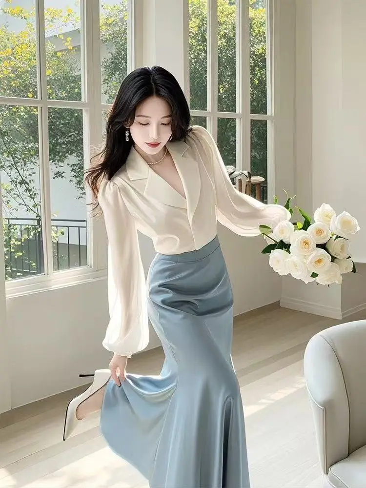

HIGH QUALITY Popular Women's Clothing Fashionable and Western-style Light Luxury and High-end White Shirt Half Skirt Set