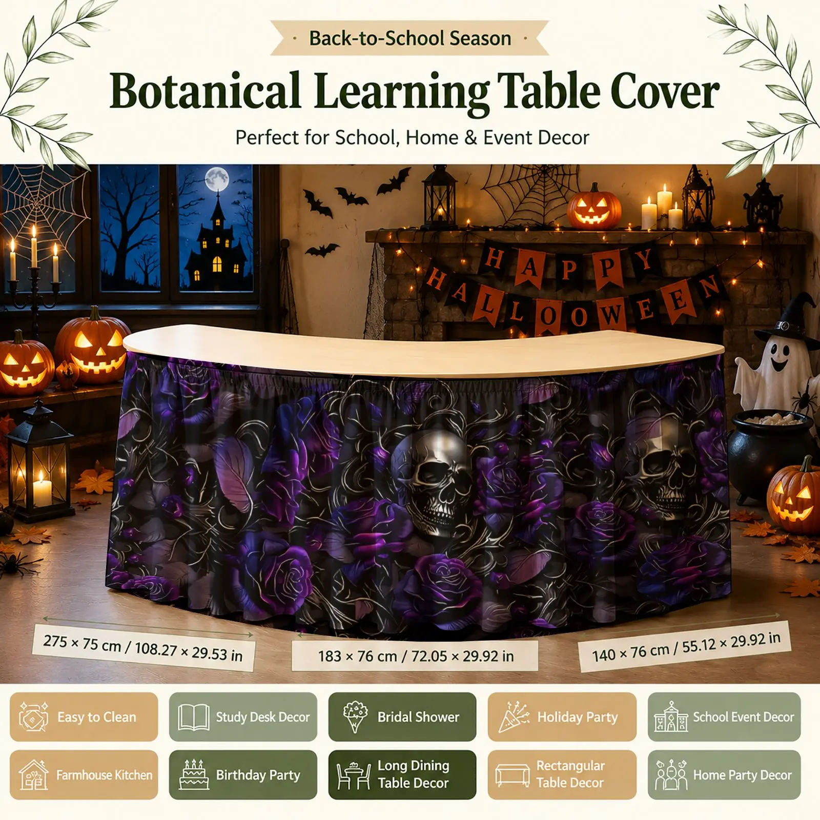 Halloween, Christmas, send a tablecloth horror table dress 1 piece purple rose and skull pattern