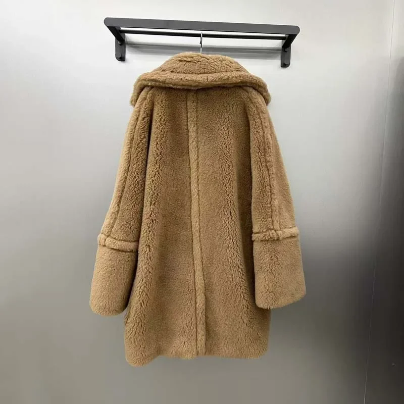 Real Sheep Wool Coat Winter Women 2024 New Arrival Long Length Big Pockets Turn-Down Collar Clothes Thick Warm