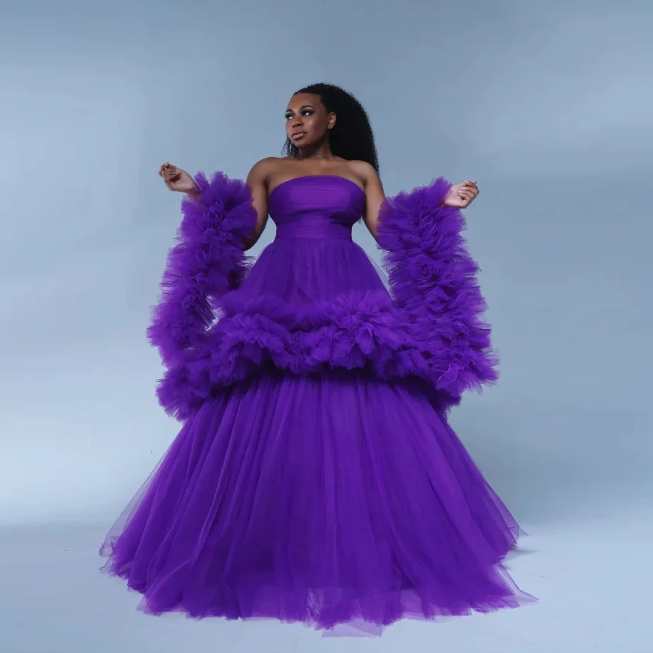 Nuevo vestido largo elegante, vestidos largos morados para fiesta de graduación con hombros descubiertos, vestido de tul esponjoso hecho a medida, vestido de lujo con cuello en V y volantes escalonados