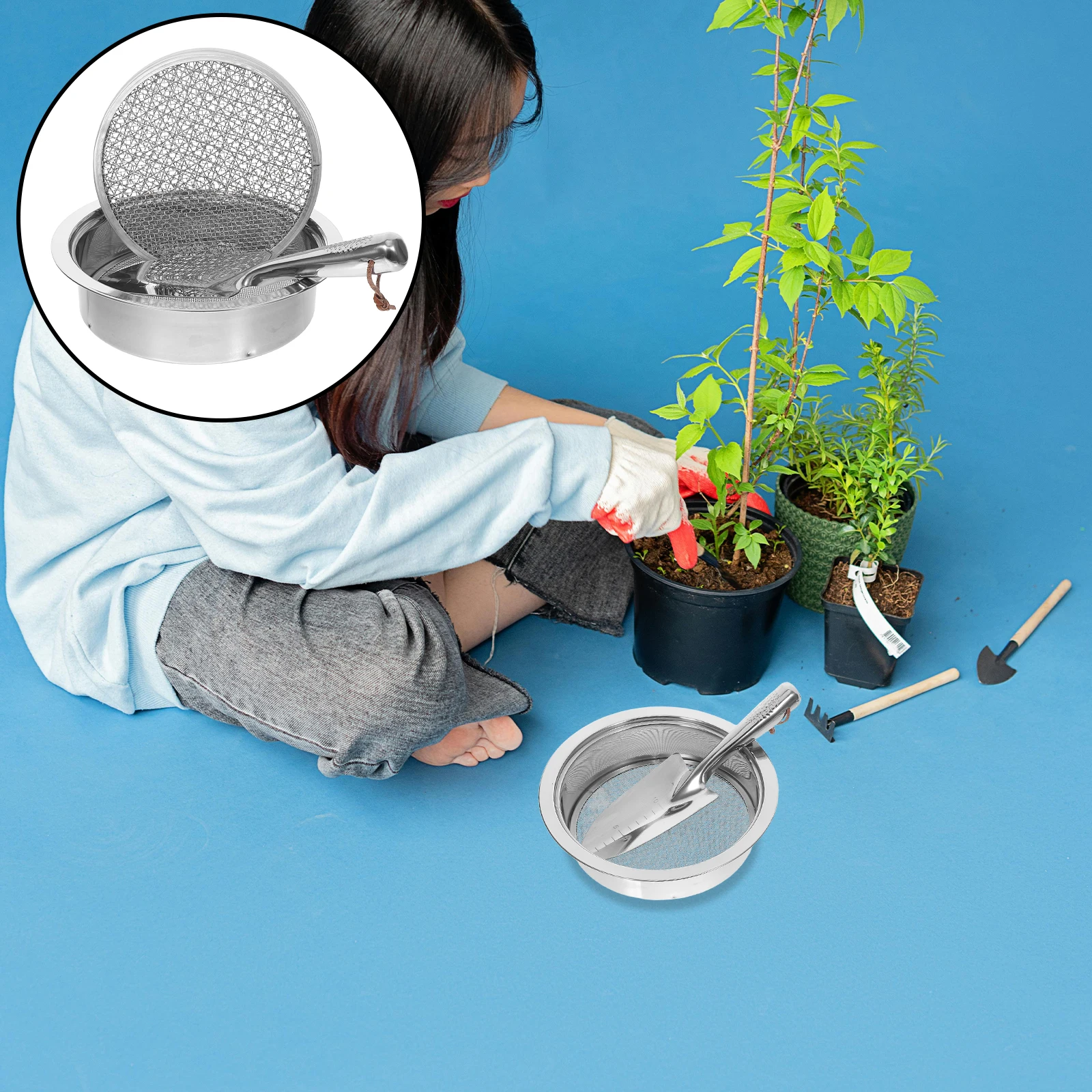 

1 Set Stainless Steel Garden Soil Sieve Sifter Compost Screen Dirt Filtration Tool Interchangeable Mesh Sizes Shovel Included