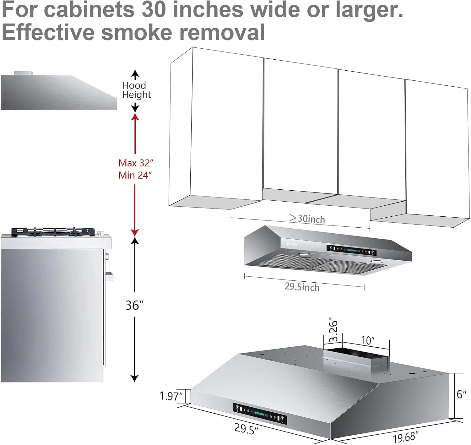 30 Inch Onder Kast Afzuigkap Met 900 Cfm, 4 Speed Gebaar Sensing & Touch Bedieningspaneel, Roestvrijstalen Keukenopening