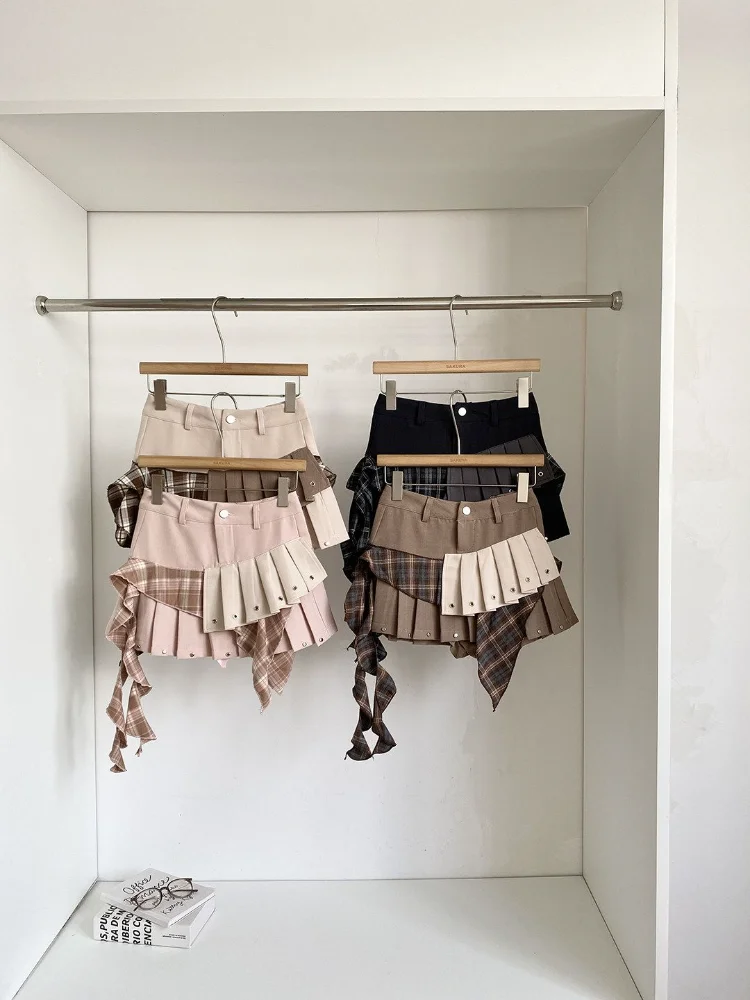 

Юбка в стиле преппи с клетчатым пэчворком и нерегулярными складками, женская сексуальная мини-юбка Y2K с высокой талией, уличная мода, панк-стиль, Faldas