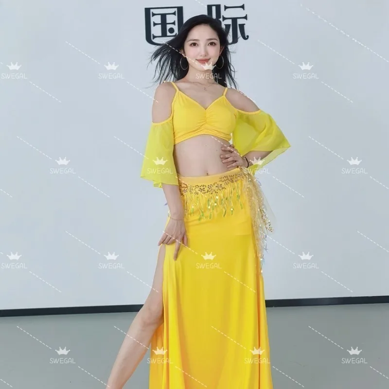 Trajes de dança do ventre sweg personalizados, roupa de prática, vestido de dança oriental, ombro de fora, manga de fada, divisão dupla, saia grande de balanço