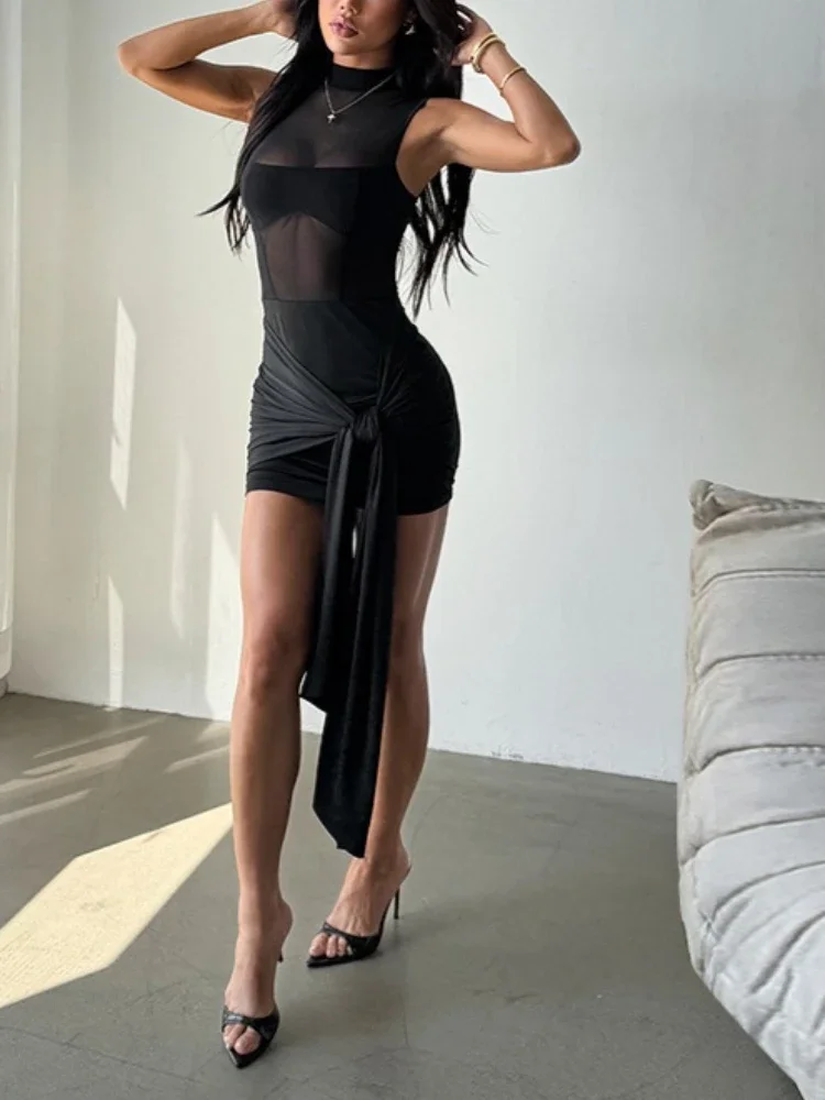 

Sexy Mesh See-Through Mini Dress Women Sleeveless Lace-Up Solid High-Waist Slim Pleats Streetwear New Female Bodycon Dress
