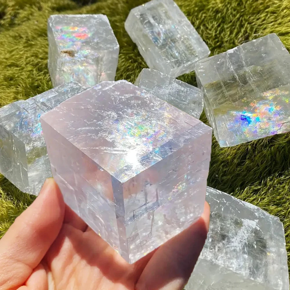 Natural Crystal White Calcite Raw Stone Ornament Mineral Crystal Specimen Rainbow Color Calcite Cube Home Decoration