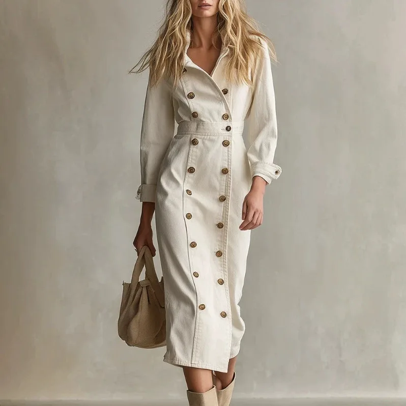 Autumn Winter New Elegant Lapel Double Breasted Midi Denim Dress for Women Casual Retro Style Long Sleeve Slim Fit Dress