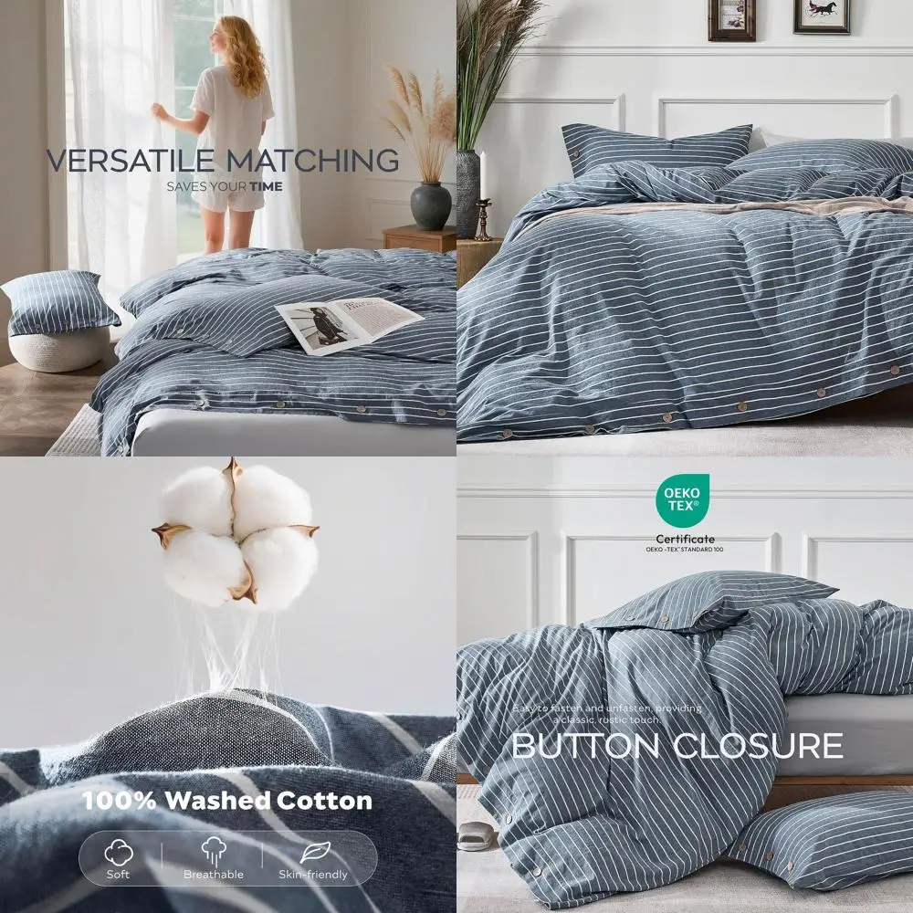 

Комплект постельного белья Queen Size из хлопка с синими полосками - дышащее и уютное постельное белье для современного интерьера, включает 1 пододеяльник и 2 наволочки