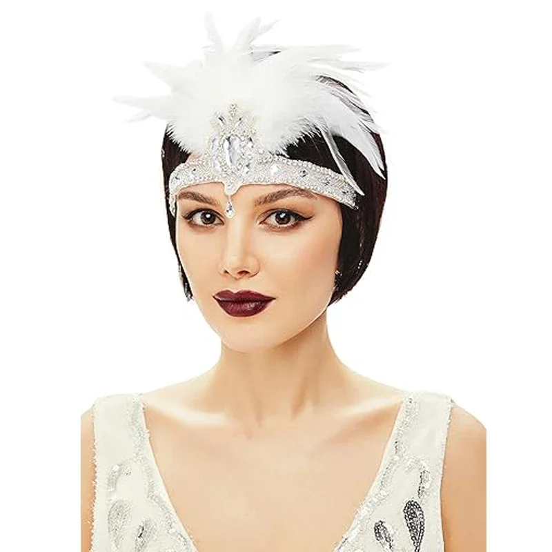 1920s Headpiece Flapper Headband - Roaring 20s Crystal Showgirl Hair Band Gatsby Headband with Feather