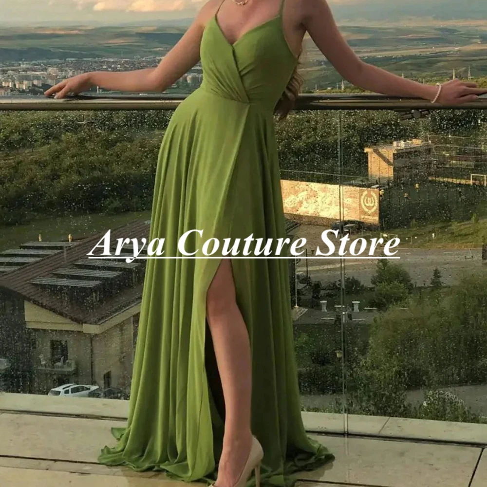 Sexy Olive Prom Dress Spaghetti Strap V-Neck A-Line Party Gown Floor Length High Slit Formal Evening Dress Vestidos De Noche