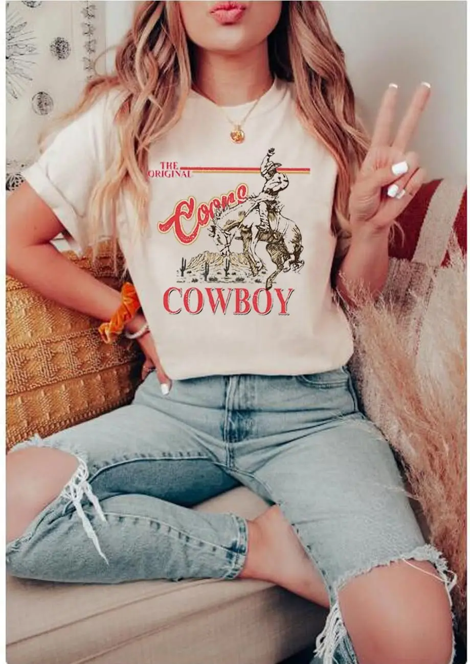 Retro Western T-Shirt Women Vintage Country Music Shirt Street Rodeo Graphic Cowboy Tees Tops New Fashion Top Tees