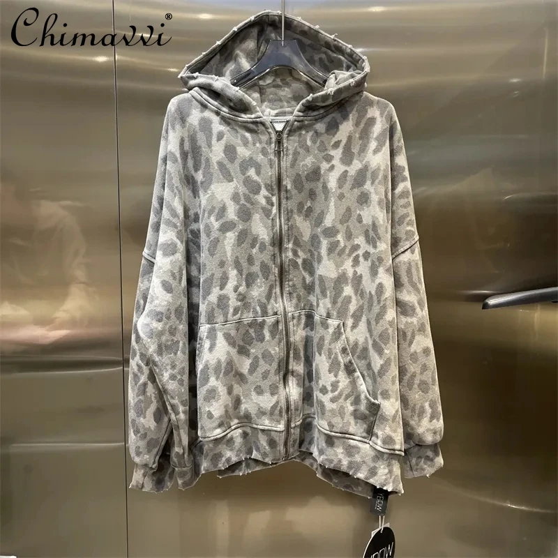 European New Autumn Leopard Print Hoodie Coat Women\'s Fashion Loose-Fitting Long Sleeves Streetwear Casual Sweatshirt Top