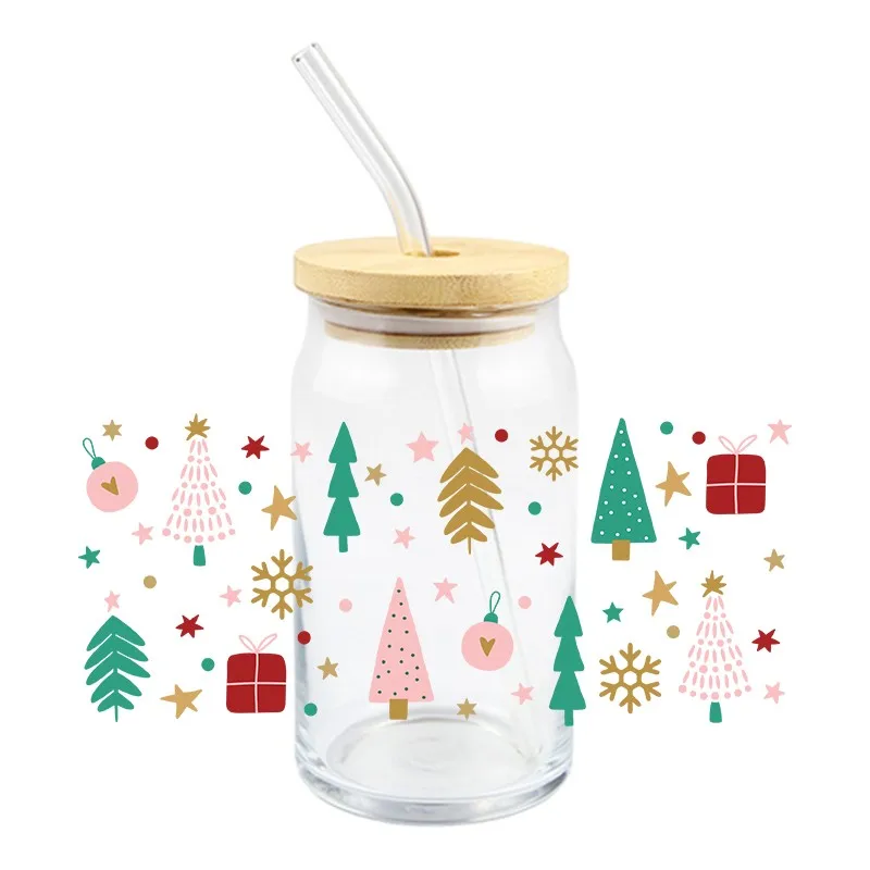 3D Christmas Tree UV DTF Transfer Sticker Cpolorful Series Wraps Cup Waterproof Durable 16 OZ Glass Cup Decals