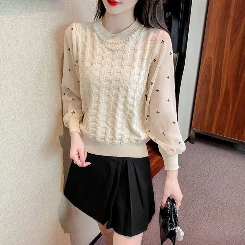 Autumn Winter New Fashion Patchwork Knitting Long Sleeve Sweater Ladies All-match Printing O-neck Chiffon Top Tee Women Clothes