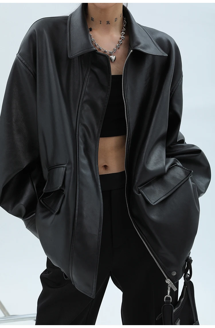 Lautaro Spring Autumn Oversized Casual Waterproof Black Soft Pu Leather Jacket Women with Drop Shoulder Long Sleeve Fashion 2022