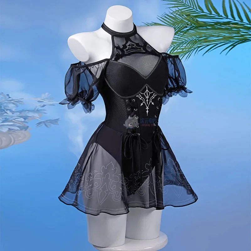 Disfraz de cosplay Nier Automata YoRHa 2B, traje de baño de una pieza, traje de baño de anime con cuello halter y espalda descubierta, traje de baño con control de barriga, traje de cosplay