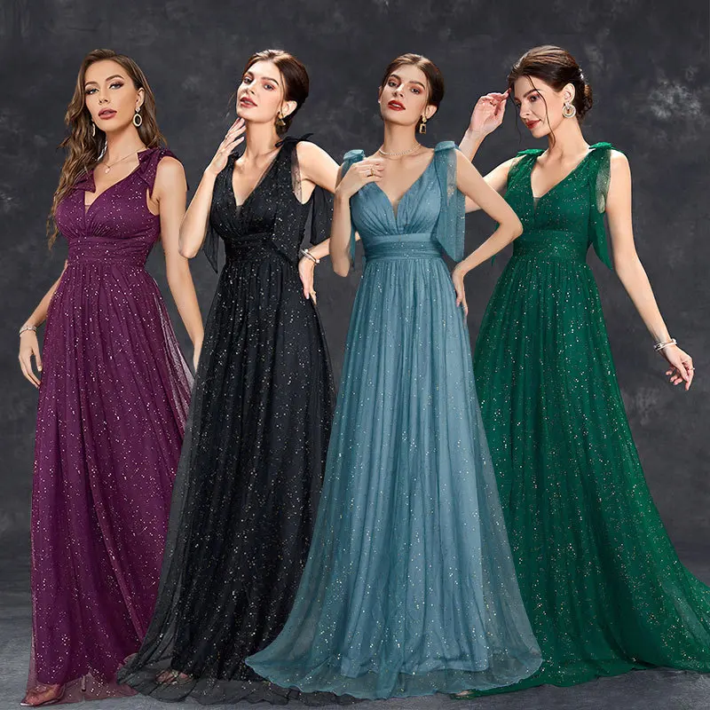

2025 Summer New Style Spray Gold Glitter New Ladies' Bow Tie Elegant V-Neck Bridesmaid Gown Evening Dress Fashiony Dress