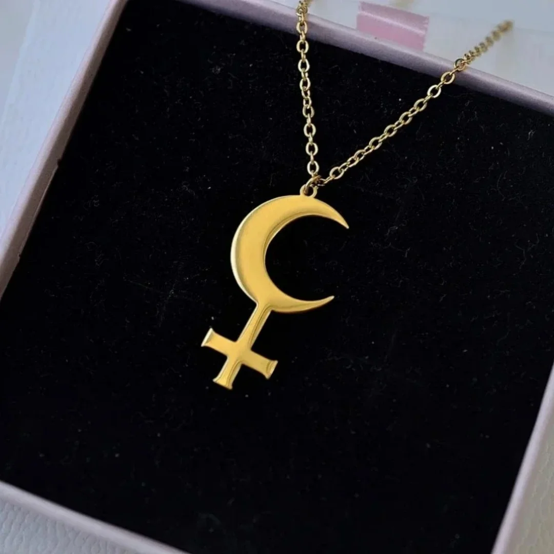 Stainless Steel Crescent Moon Cross  for Necklace Woman Lilith Goddess Greek Mythology Choker Neck Stainless Steel Jewelry