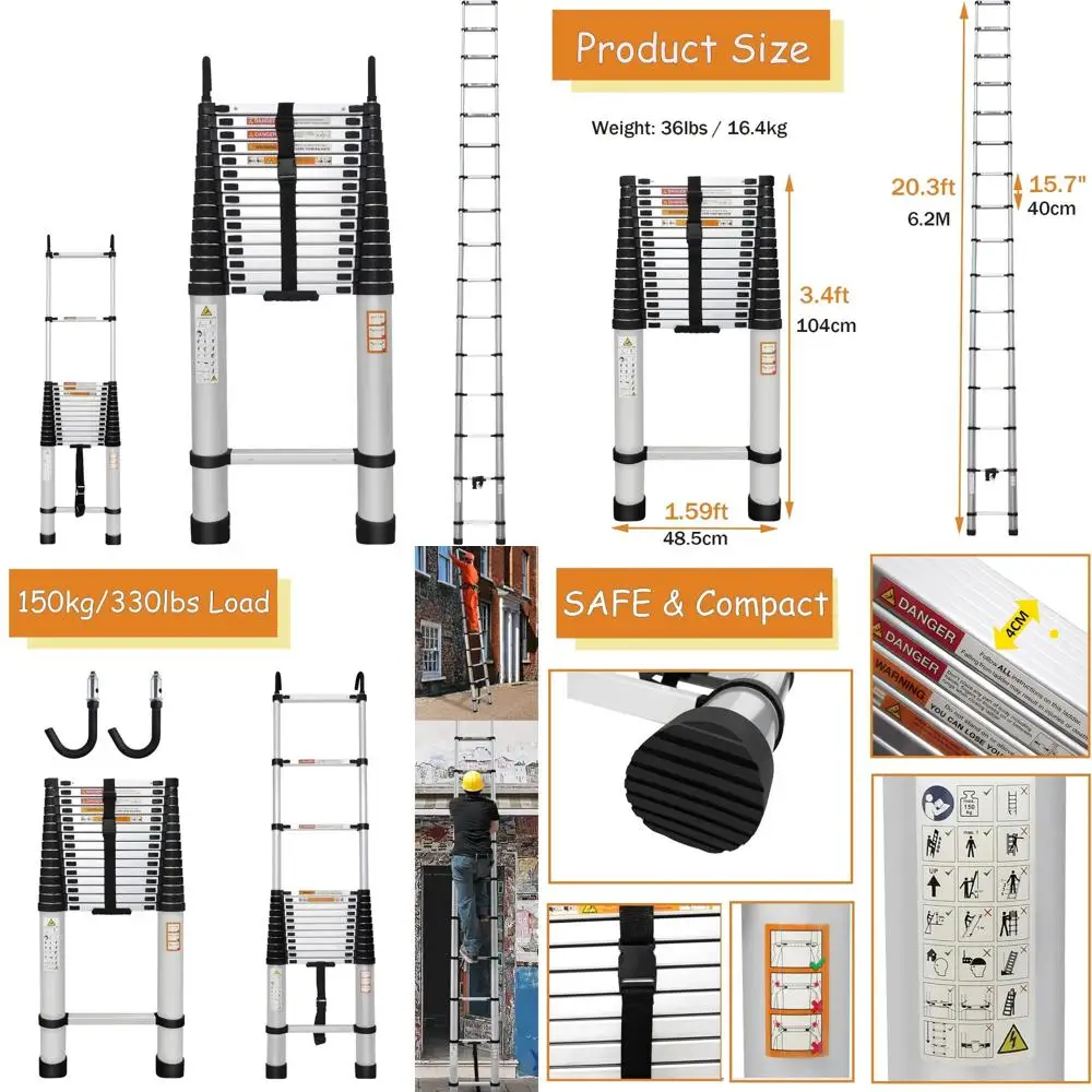 Escalera telescópica de aluminio de 20,3 pies con ganchos extraíbles, altura ajustable, certificación EN131, capacidad de carga de 330 libras, plegado portátil