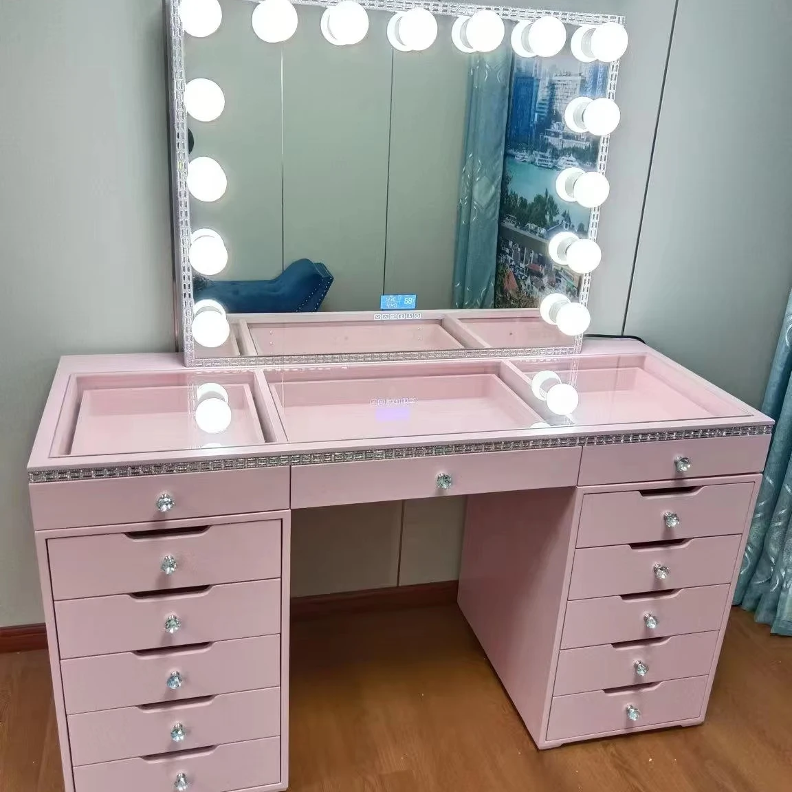 

Современный туалетный столик с подсветкой, 13 ящиками, из МДФ и стекла, для спальни, ванной и квартиры