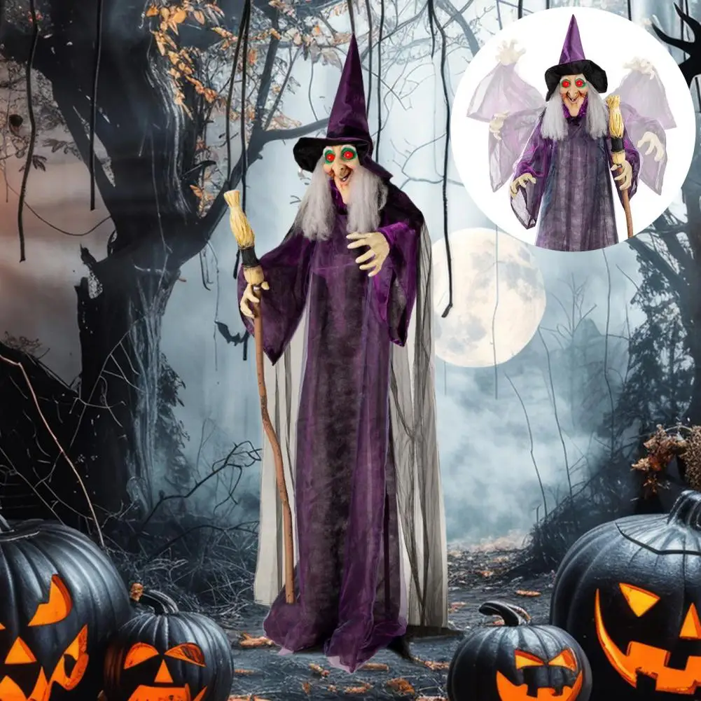 Ornamento de bruxa com olhos led assustador adereços de bruxa de halloween estátua de bruxa má com som de olhos brilhantes 5 pés pairando para festa