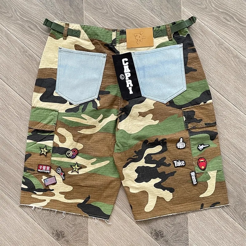 

High Street Trend Project Capri Shorts Retro Fashionable Camouflage Style Patchwork Pattern Ripped Casual Shorts New Arrivals