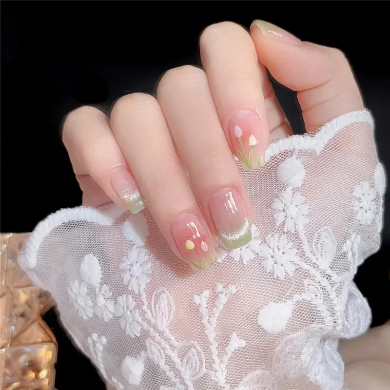 

Wearable Handmade Nail Enhancement Sticker Spring/Summer Green French Tulip Women Nail Enhancement Soft Whitening Nail Sheet