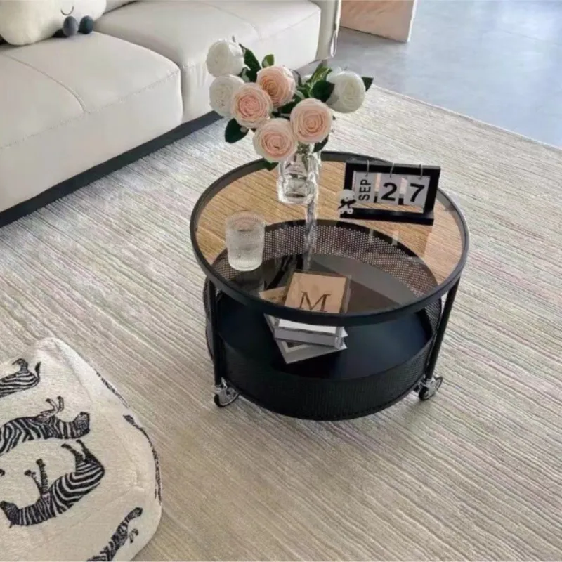 IHOME Living Room Movable Small Coffee Table, Sofa Side Table French Cream Style Simple Wheeled Storage Luxury Small Round Table