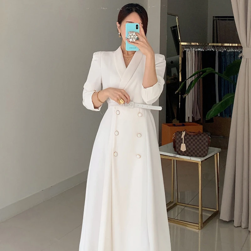 เสื้อคลุมกันลมทรงยาวสำหรับผู้หญิง เอวสูง สไตล์เกาหลี กระดุมสองแถว สีพื้น แฟชั่นฤดูใบไม้ผลิและฤดูใบไม้ร่วง