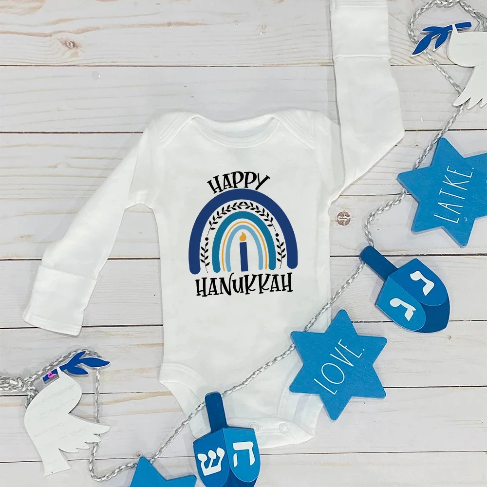 Happy Hanukkah Rainbow Printed Baby Bodysuit Chanukah Newborn Outfit Jewish Holiday Infant Clothes Toddler Long Sleeve Romper