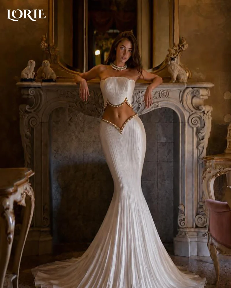 LORIE Vintage Mermaid Wedding Dresses Sweetheart Pearl Ilusion A-Line Ivory Bridal Gown Strapless Bobycon Bride Dress Customized