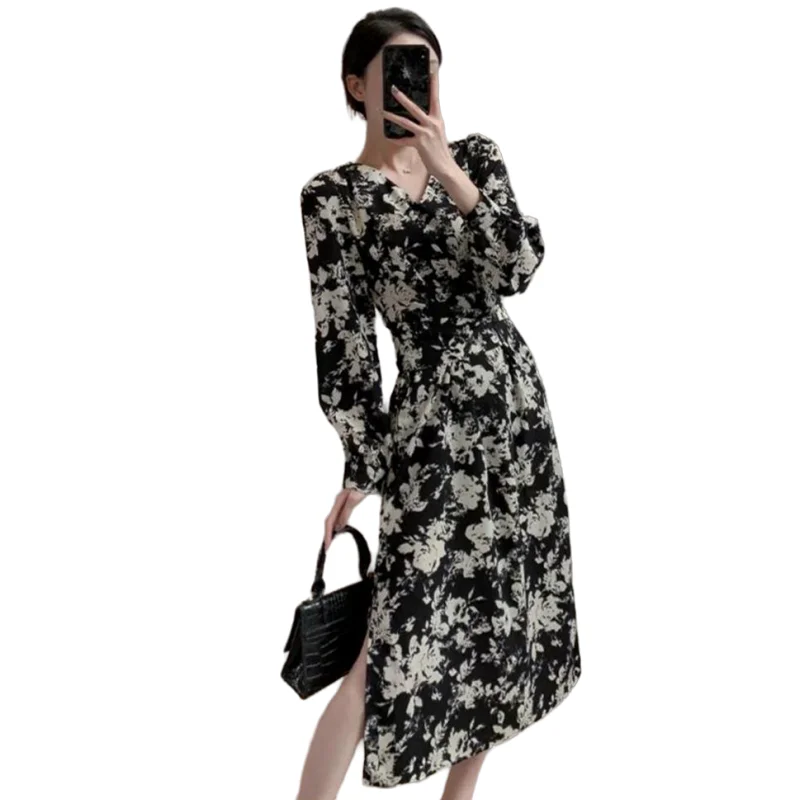 

Spring New 2026 Women V-Neck Chiffon Elegant Long Dress Vintage Floral Printed Waistband Long Sleeves Temperament Cozy Vestidos