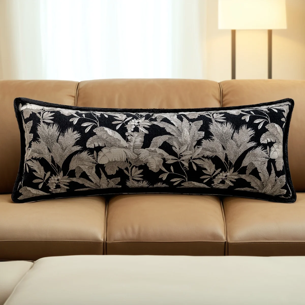 Long Pillows Black Flora Jacquard Cushion Case 35x90 Leaf Decorative Pillow Cover For Sofa Bedding Home Decorations