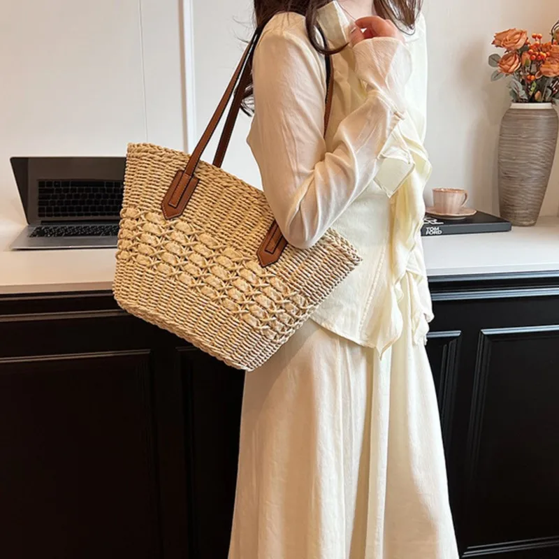 

Straw Tote Shoulder Bags Women Summer 2024 New Fashion Simpliy Large Capacity Handbag Vacation Beach Travel Shopping Weave Bag