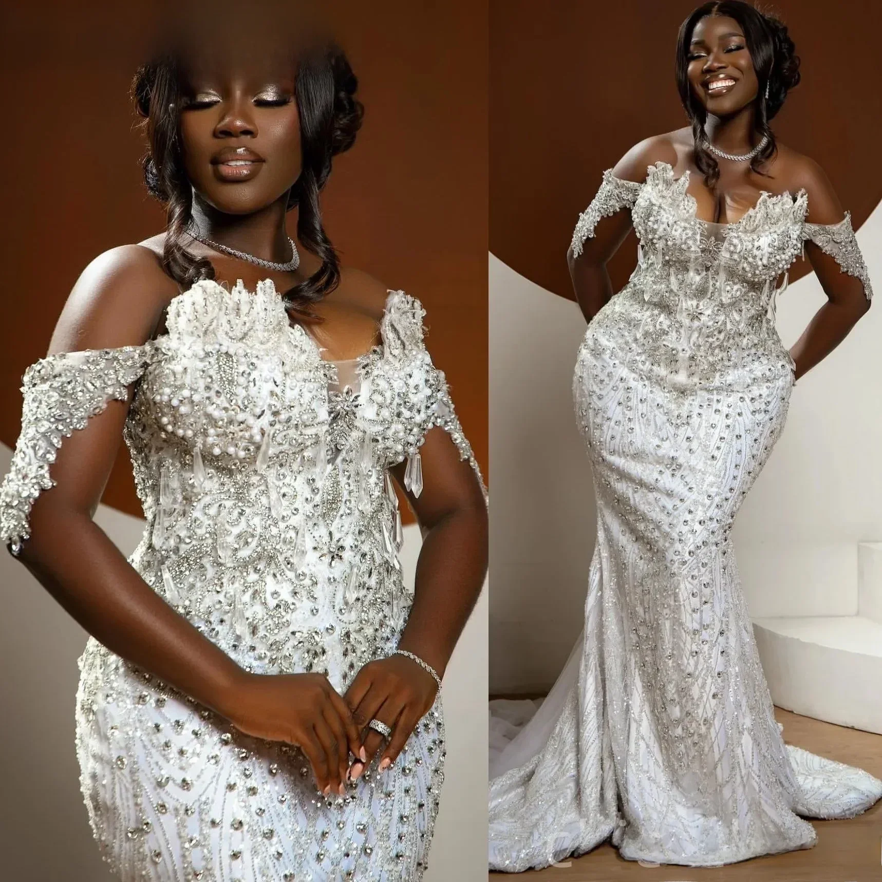 

Индивидуальное арабское свадебное платье Aso Ebi размера плюс цвета слоновой кости, украшенное кристаллами, расшитое бисером и блестками, милое роскошное свадебное платье, платья