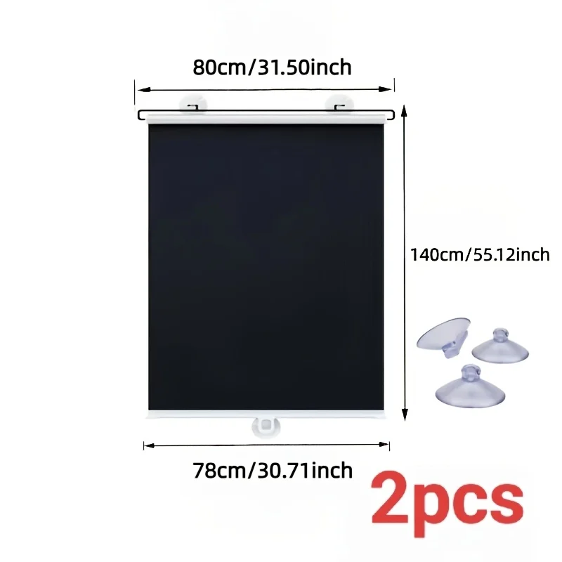 2pcs of Black Blackout Roller Blinds with Suction Cups, No Drilling Required, Adjustable Sunshade Curtains for Privacy