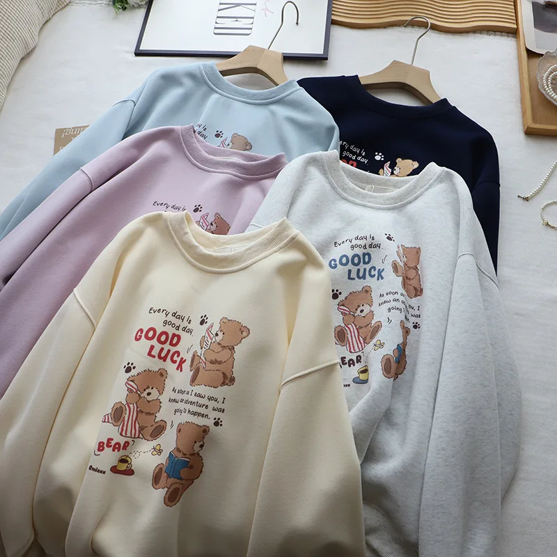 فضفاض جولة Ne Sweatirt المرأة الدب طباعة عادية تنوعا الخريف جديد Sle كسول مكافحة الشيخوخة أعلى Quali قسط Faion