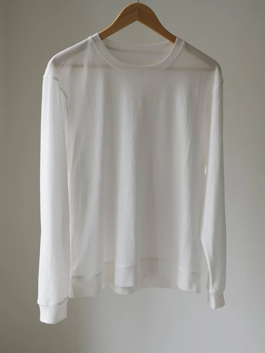 

Basic White Knitted Long Sve round Ne Women's T-irt Lightweight Versatile Base Layer Cotton Polyester Blend Casual Sle