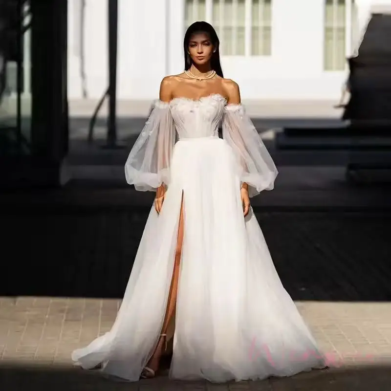 

Beach Wedding Dresses A Line Sweetheart Vestido de Novia Tulle Lace Appliqued Bridal Gowns Customized Robes de mariée