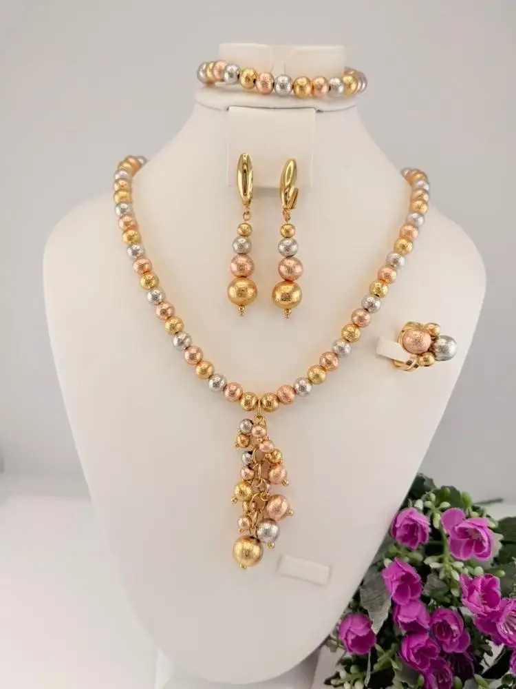 Simple Elegant Three Tone Beads Jewelry Textured Fashionable llaveros Collar Pulseras pin Pendient tentacles Anillos 4PC Set