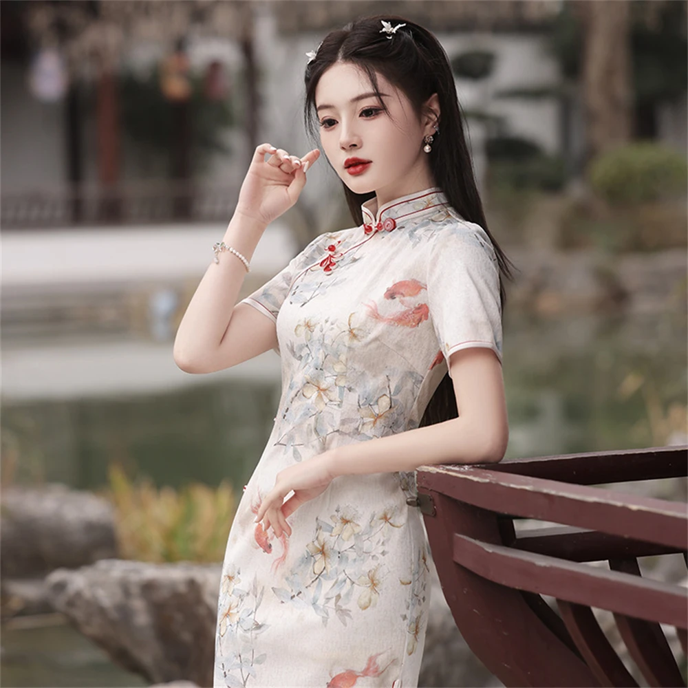 

Spring Slim Women Chinese Traditional Cheongsam National Style Short Sleeve Side Split Long Qipao Vintage Evening Party Dress