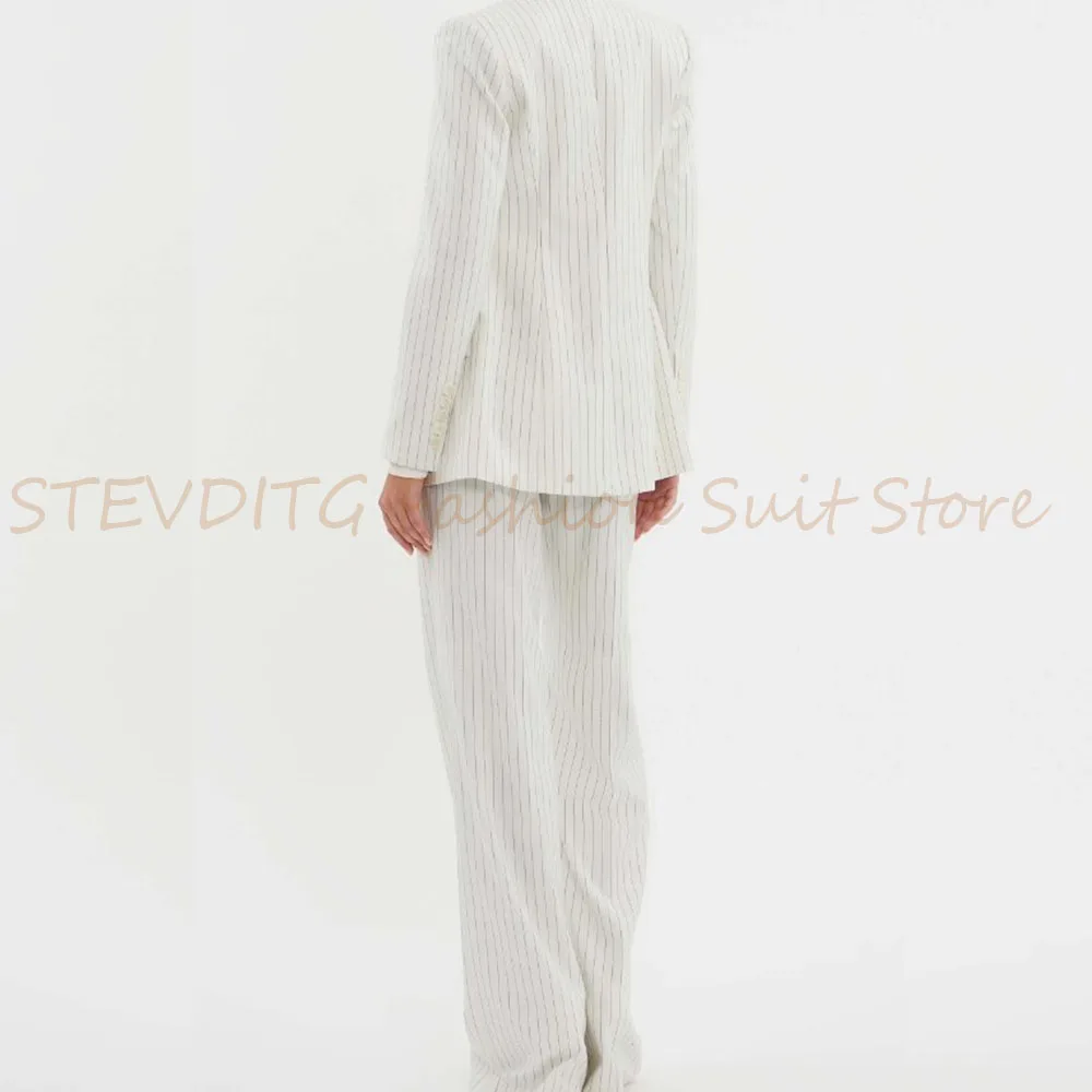 الصيف الأبيض مخطط المرأة البدلة مزدوجة الصدر 2 قطعة سترة السراويل السترة مجموعة أنيقة الذكية مكتب رسمي سيدة الملابس النسائية