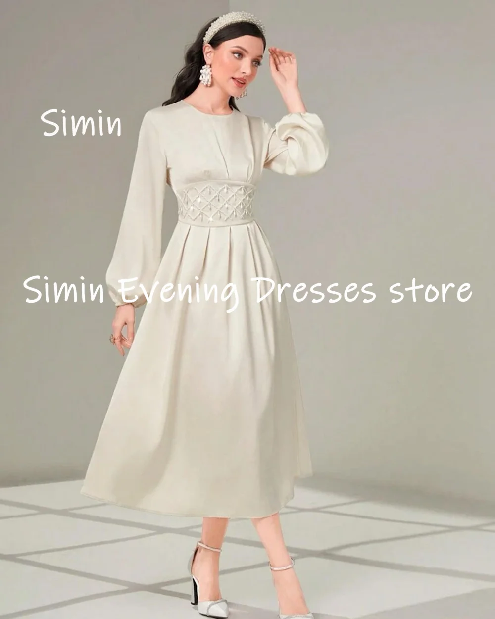 Simin-vestido de satén con escote redondo y volantes para mujer, traje Formal hasta el tobillo, elegante, para fiesta de noche, 2023