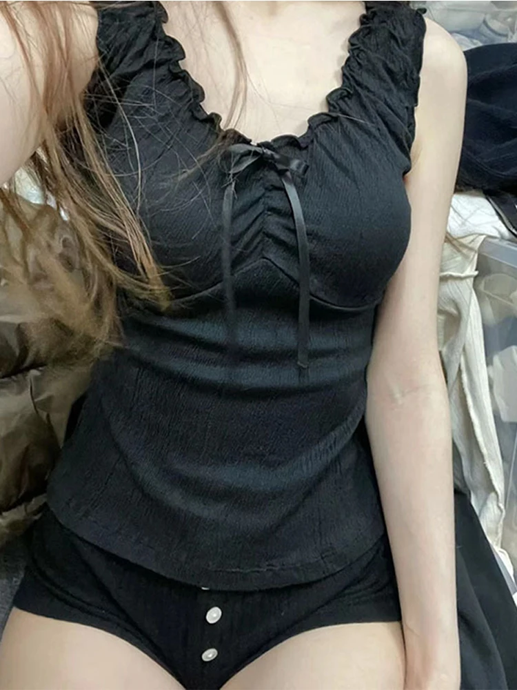Vintage pleated V-collar T-shirt women's summer solid sleeveless slim Y2K blouse women's sweet lovely cotton vest 2024