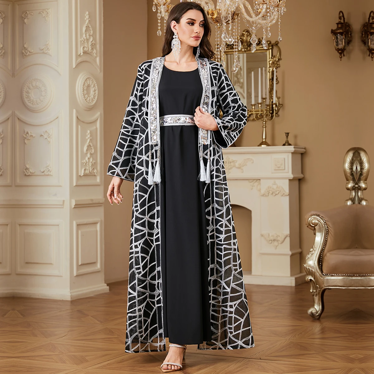 

UNI 2026 мусульманский комплект из 2 предметов с блестками и вышивкой Абая с поясом, исламская одежда, женское платье EID Ramadan, открытый халат Джалабия