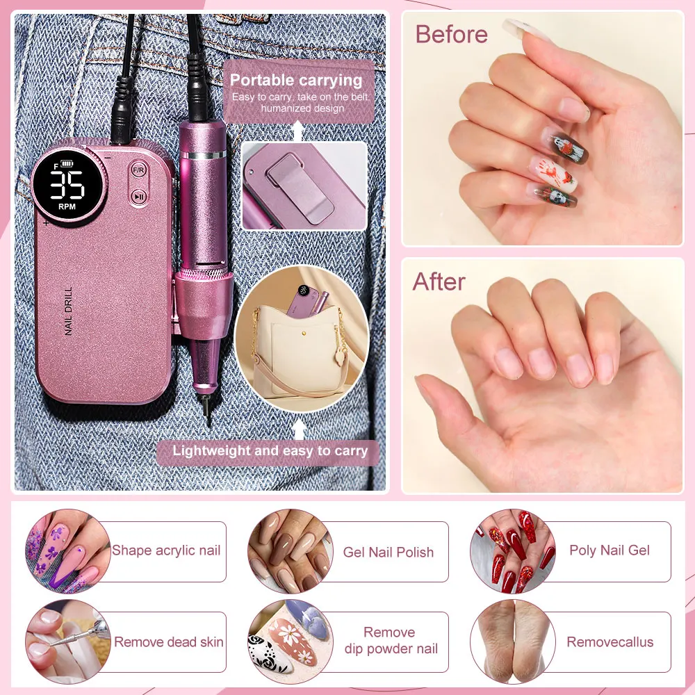 Conjunto de broca de unhas sem fio portátil 35000 rpm máquina polidora de unhas com bateria baixa vibração equipamento de baixo ruído verde cinza rosa